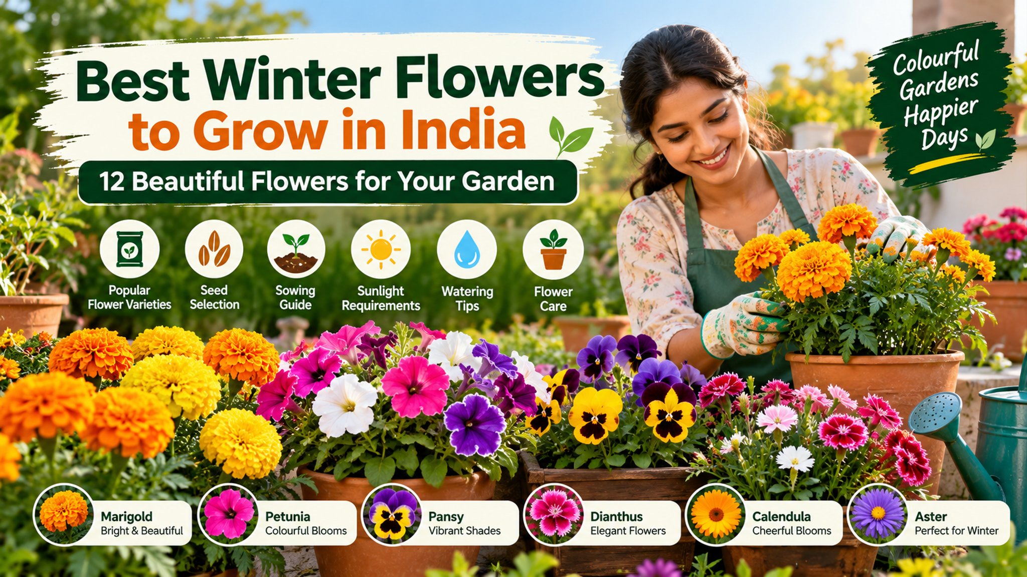 Best winter flowers to grow in India with colourful marigold, petunia, pansy and dianthus flowers