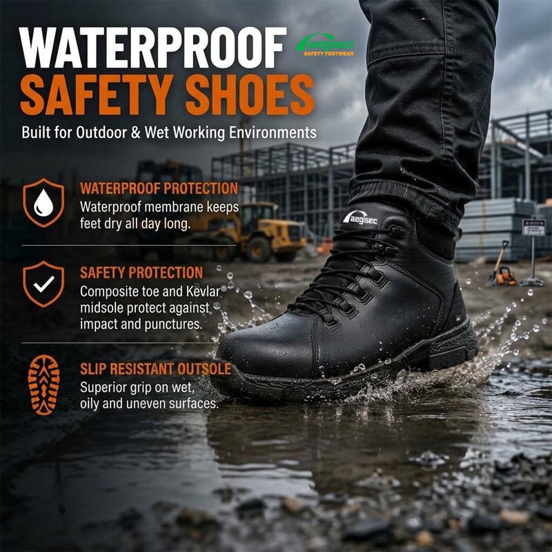 Calzado de seguridad impermeable para exteriores y entornos de trabajo húmedos.