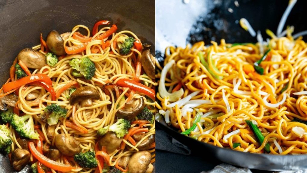 Freshly cooked egg noodles in a wok