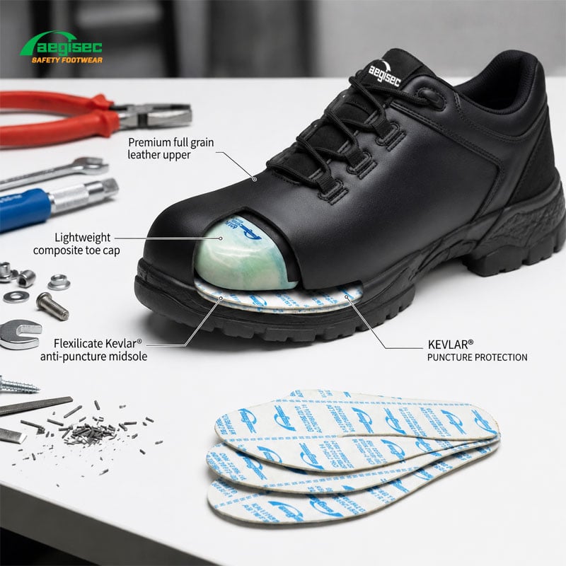 AEGISEC S5649 internal structure featuring lightweight composite toe cap and Kevlar anti-puncture midsole