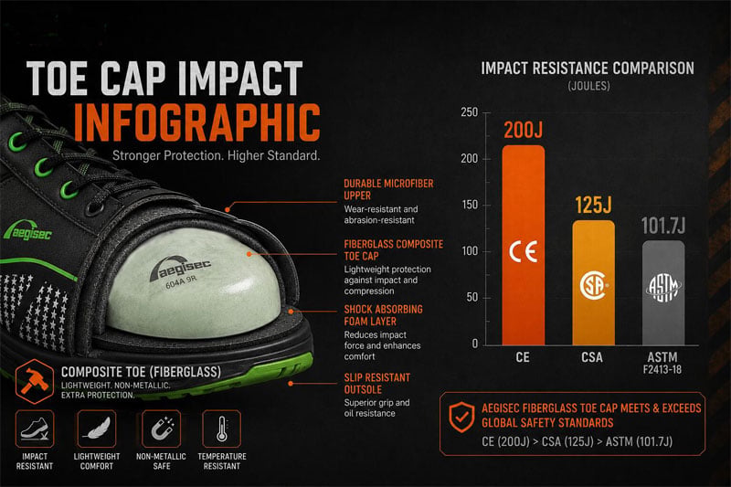 Safety shoe toe cap impact resistance comparison ASTM vs CE vs CSA
