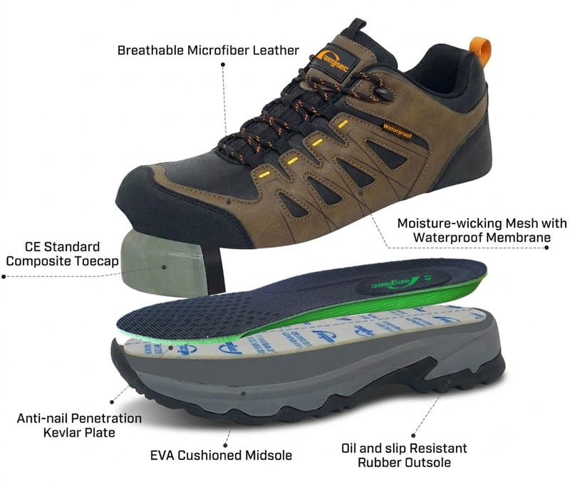 Exploded view diagram of AEGISEC S6720 showing fiberglass toe and Kevlar midsole