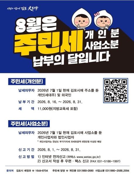 김포시, 8월 주민세 납부의 달 운영….31일까지 신고·납부