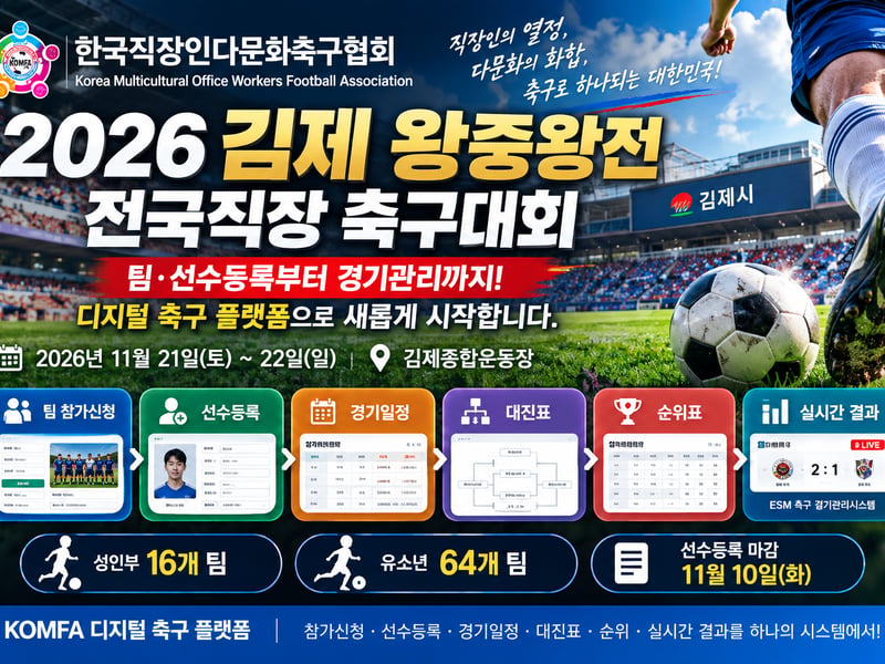 한국직장인다문화축구협회, 2026 김제 왕중왕전 개최, 팀 · 선수등록부터 경기관리까지 디지털 플랫폼 본격 가동