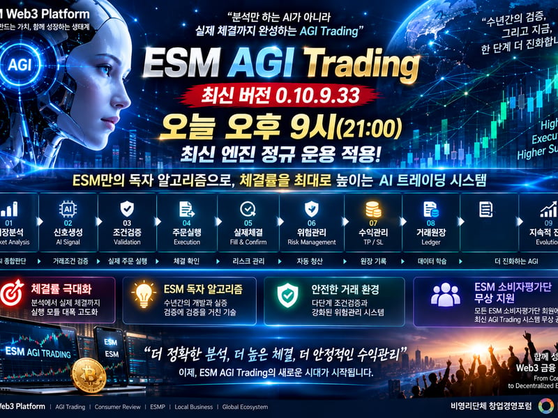 창업경영포럼, ESM AGI Trading 최신 버전, 17일 오후 9시 정규 운용 적용 밝혀