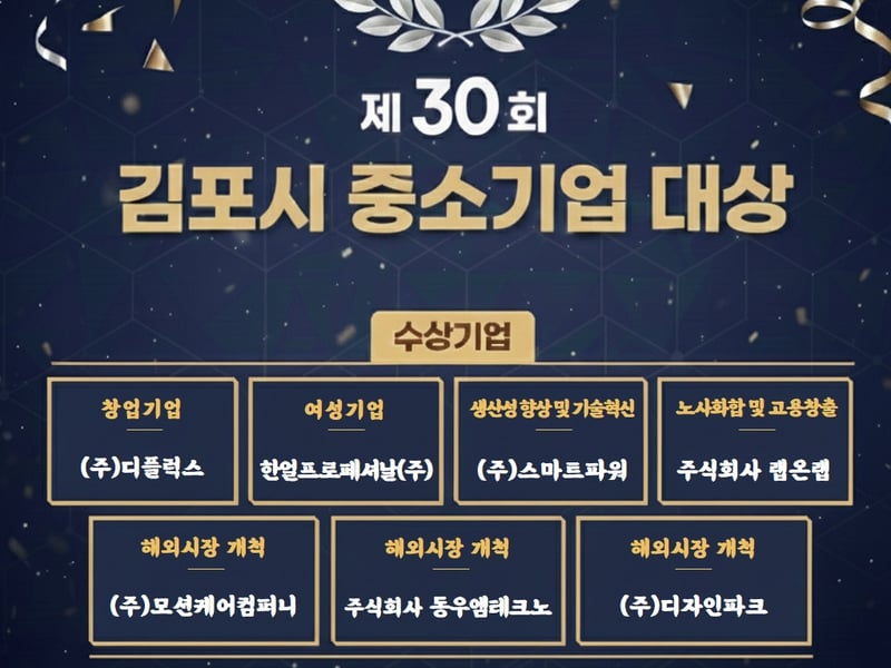 김포시, 제30회 중소기업대상 수상기업 선정