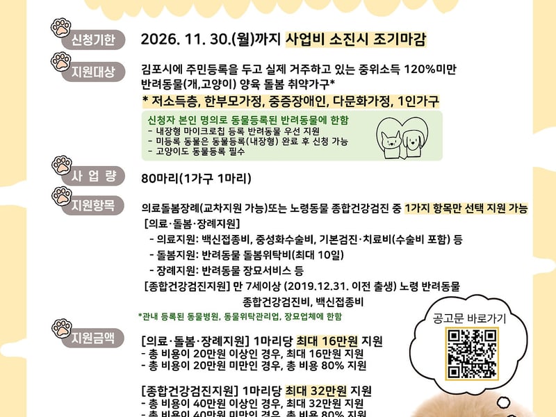 김포시, 2026년 돌봄 취약가구 반려동물 의료서비스 지원