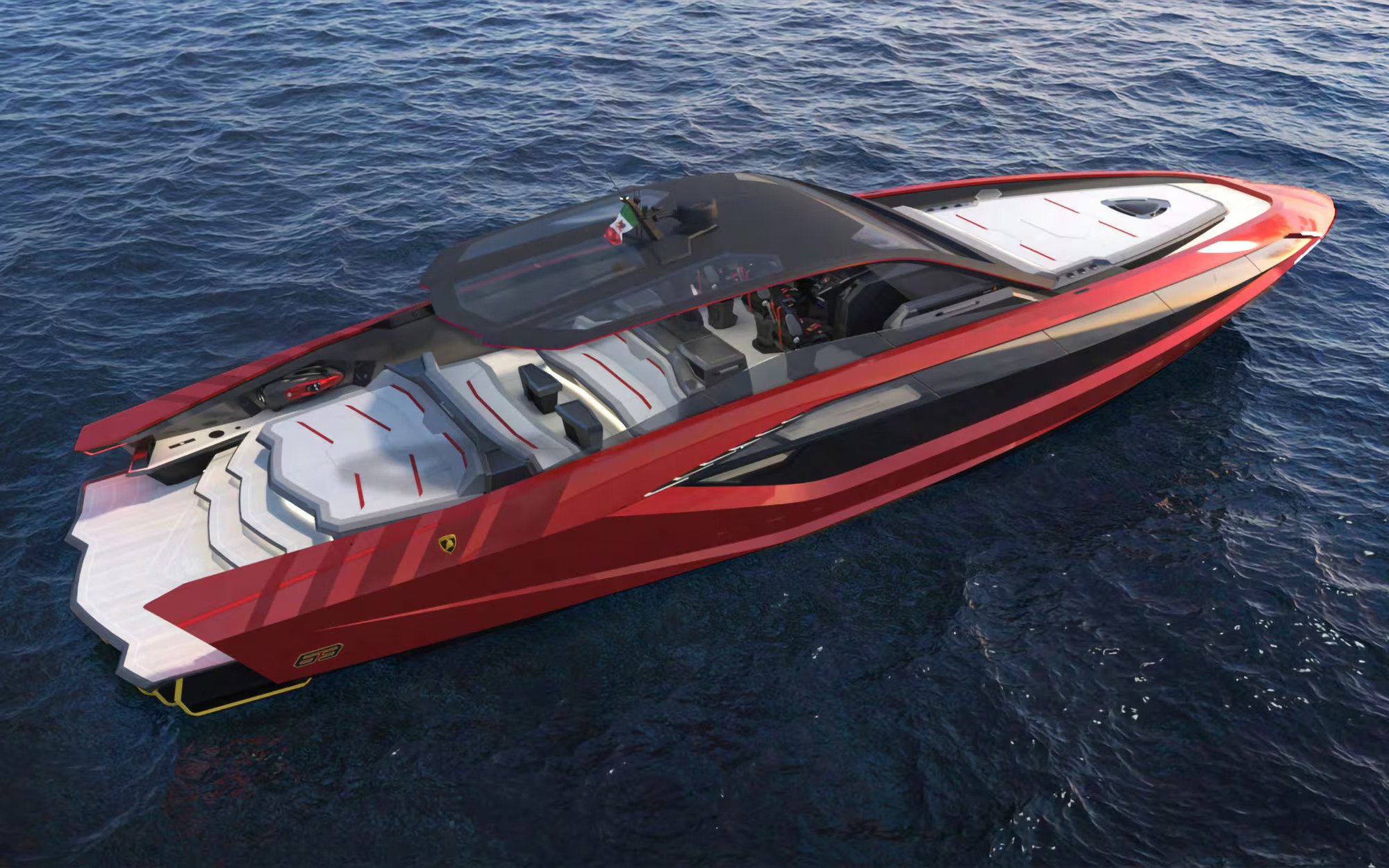 Tecnomar for Lamborghini 63 VALKYRIE - rote Carbon-Motoryacht in limitierter Auflage zu verkaufen, Luftaufnahme