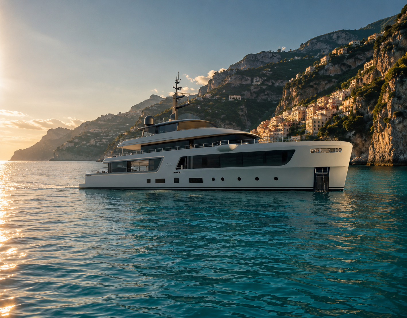 Luxury superyacht anchored at sunset off a hillside village on the Italian Riviera