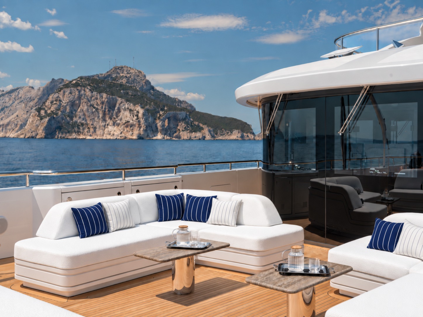 The aft deck lounge aboard M/Y Inari with navy and white striped Lintea Mare cushions on teak