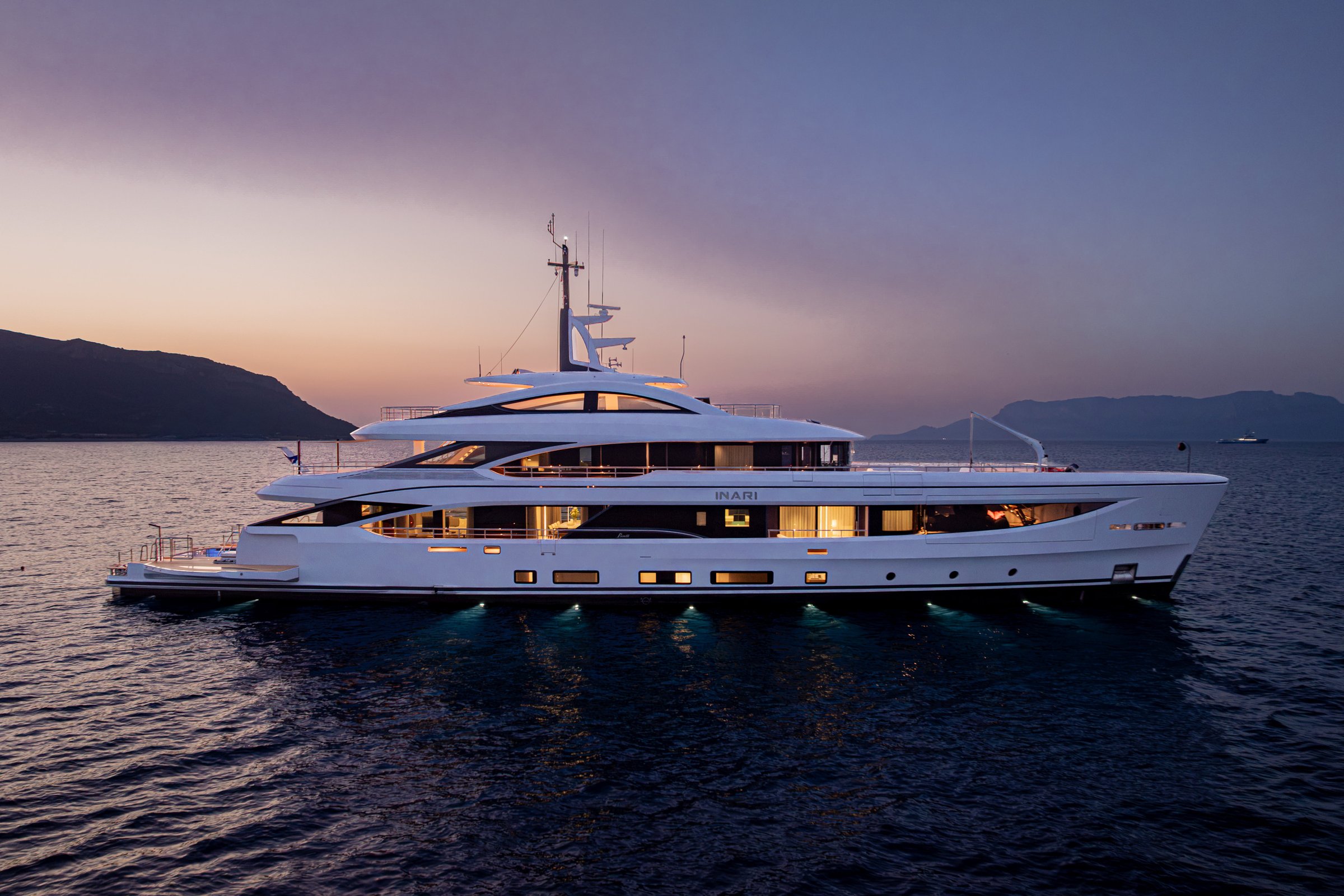 M/Y Inari at dusk with exterior lighting on, Benetti B.Now 50M superyacht