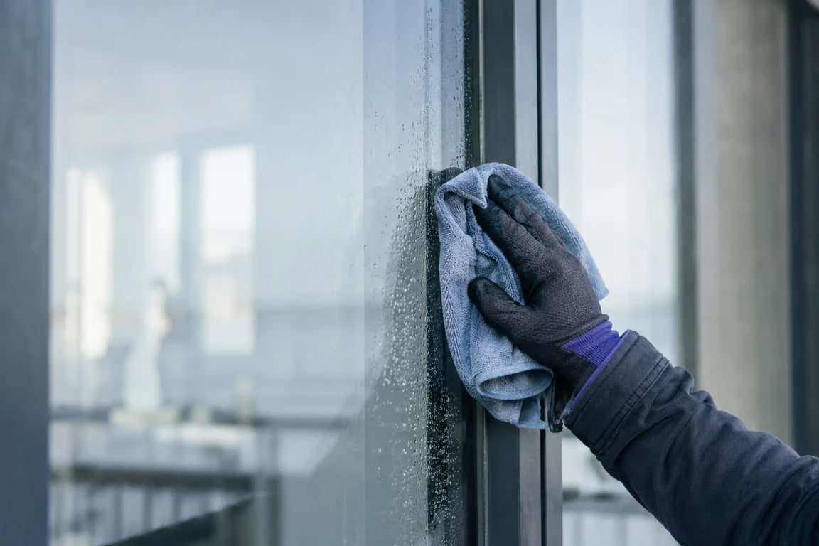 Nærbilde av vindusvaskerens hender som tørker kanten på en nyvasket rute