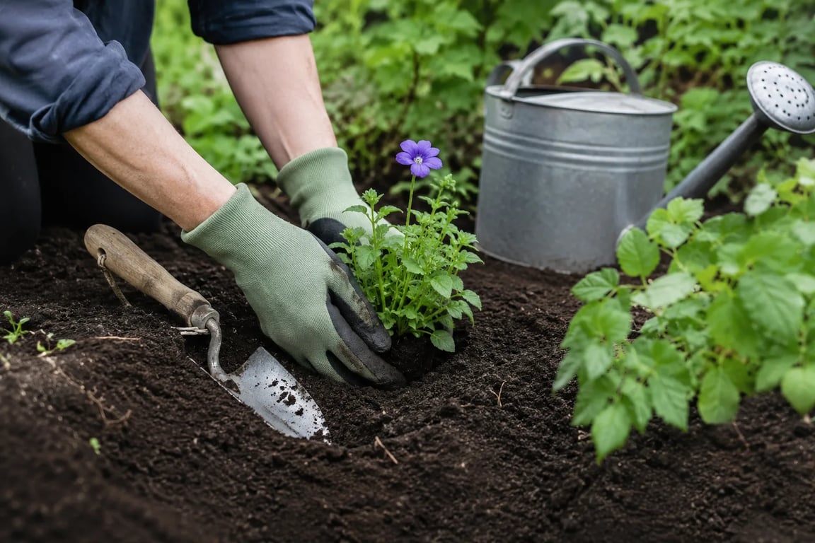 Nærbilde av hagearbeiderens hender som planter en staude i et bed