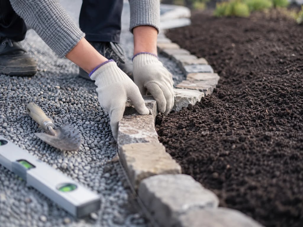 Nærbilde av anleggsgartnerens hender som legger natursteinskant langs et nytt bed