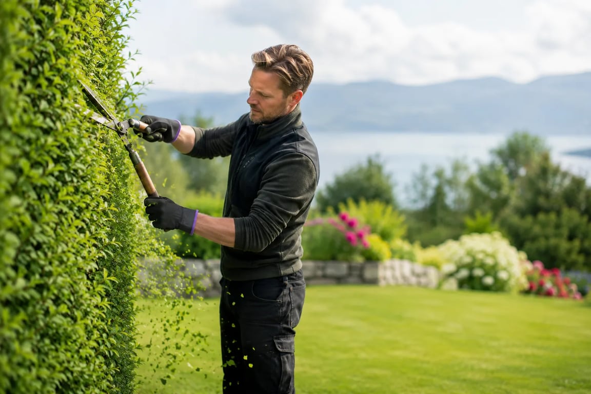 Hagearbeider klipper en hekk for hånd i en velstelt hage en sommermorgen