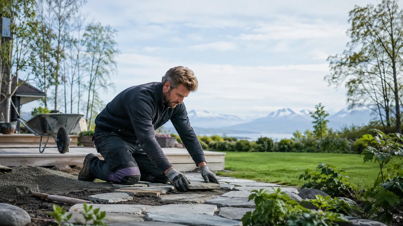 Anleggsgartner legger naturstein i en hageplan på en lys vårmorgen