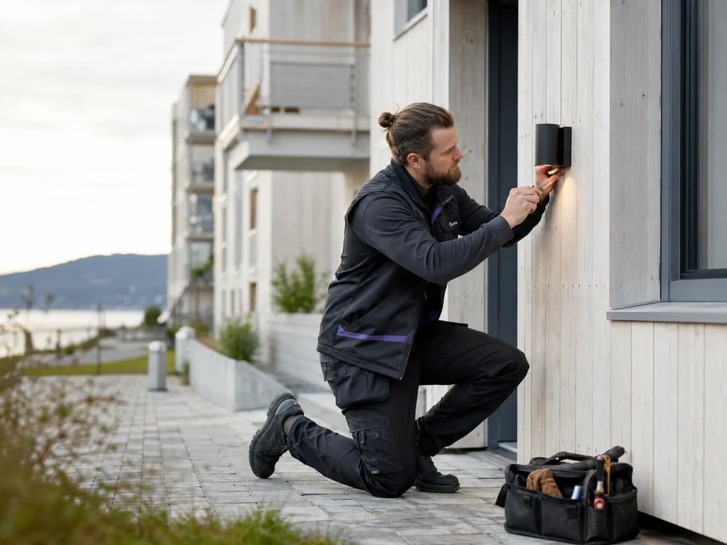 Vaktmester utfører vedlikehold på fasaden til et lyst leilighetsbygg