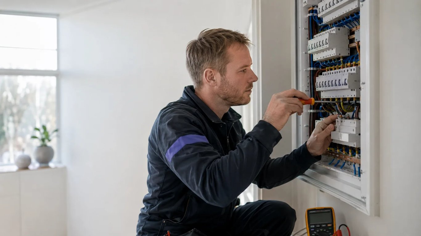 Elektriker kobler ledninger i et åpent sikringsskap i et lyst hjem