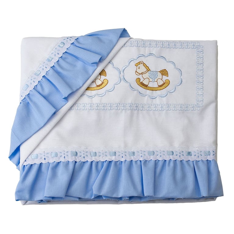 Jogo de Lençol Carrinho Cavalinho de Balanço Real Azul