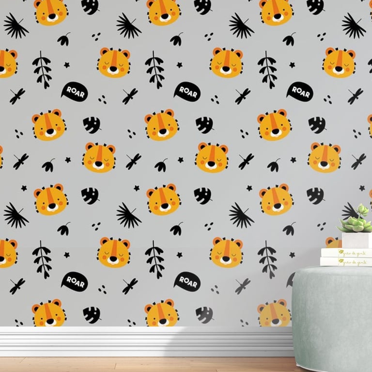 Papel de Parede Leãozinho Roar Laranja, Cinza e Preto 3m