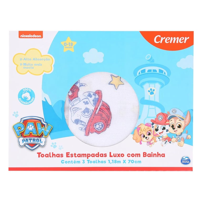 Toalha Fralda Cremer Luxo Patrulha Canina 3 Unidades