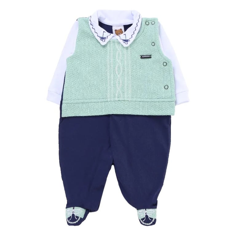 Saída de Maternidade Aconchego do Bebê com Pé Bordado Azul Marinho e Verde — vista alternativa
