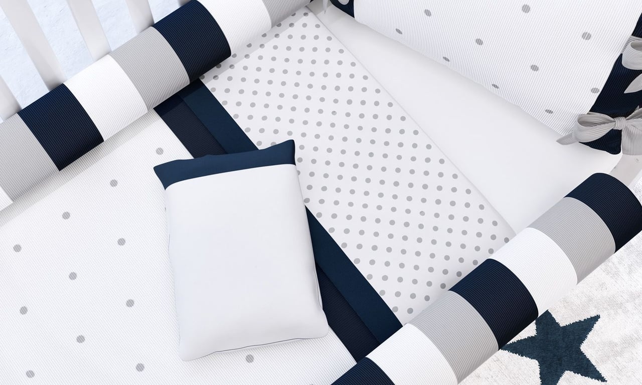 Jogo de Lençol Branco com Faixa Azul Marinho e Barra Poá Cinza