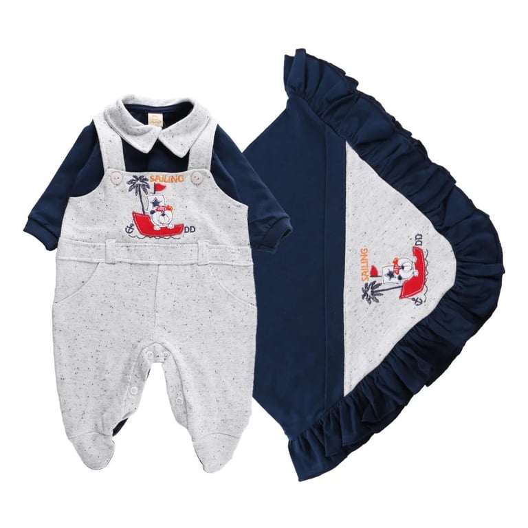 Saída Maternidade Din Don Bordado Urso com Barco Vermelho