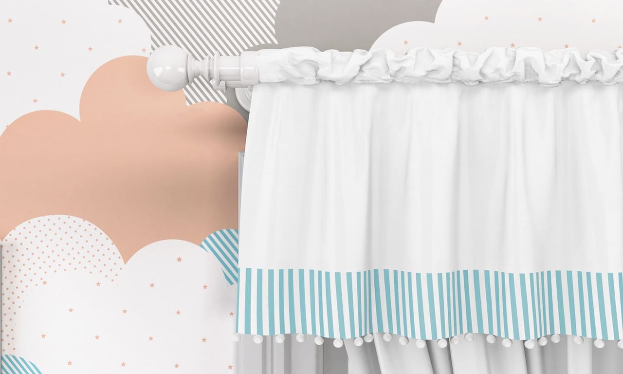 Cortina Listrada com Pompons Azul/Branco — vista alternativa