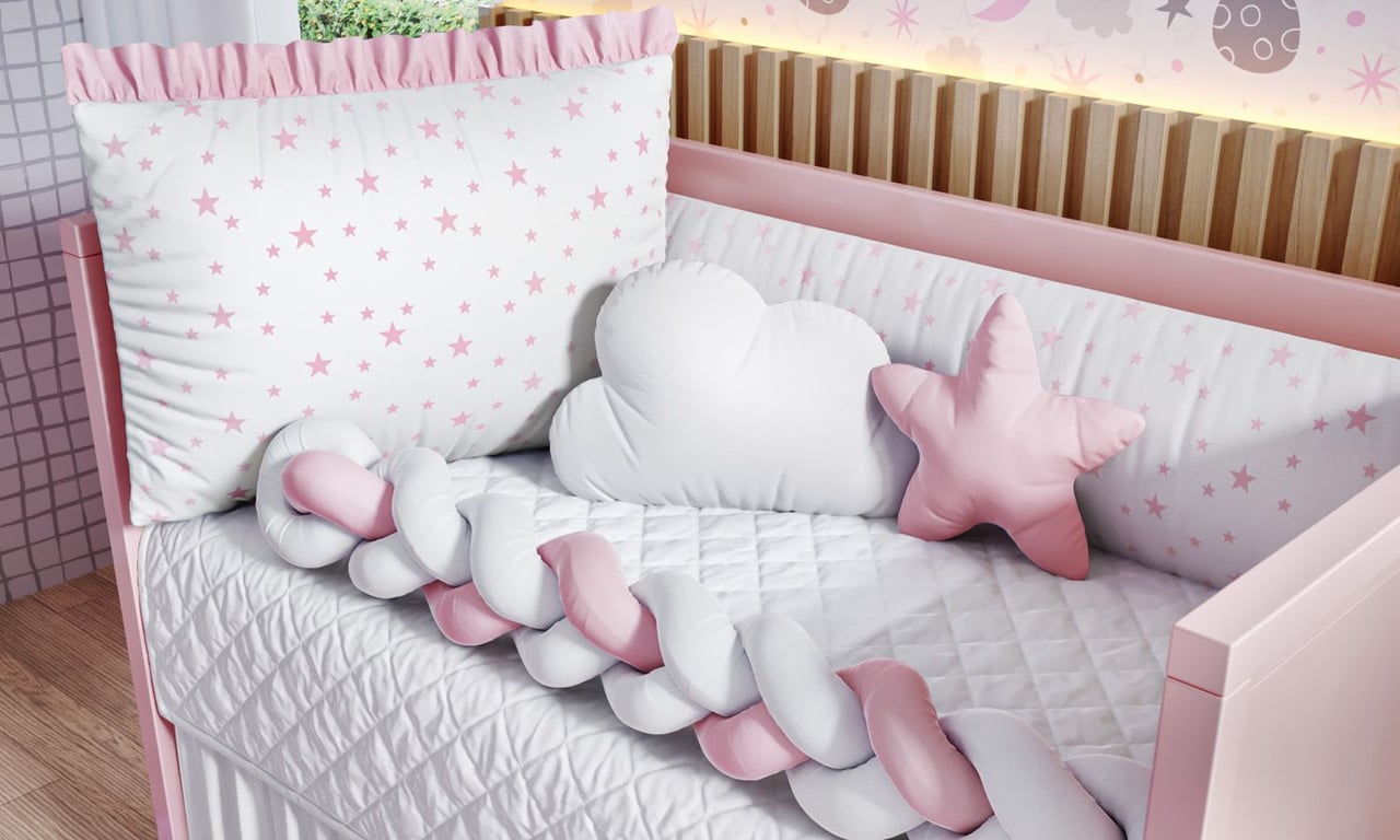 Kit Berço Trança Estrelinha Rosa