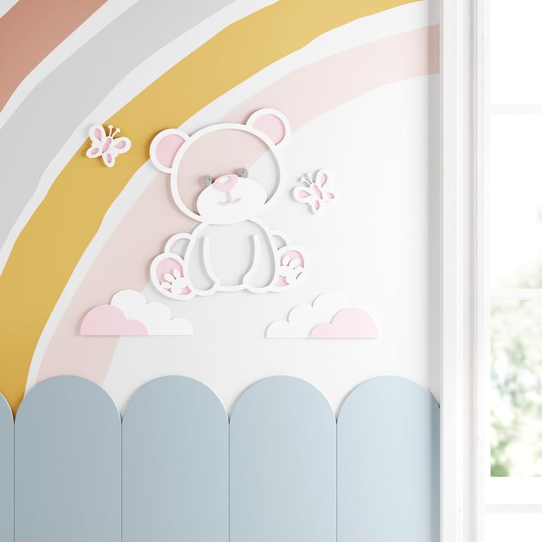 Painel Decorativo Ursinha e Borboletas Rosa 5 Peças