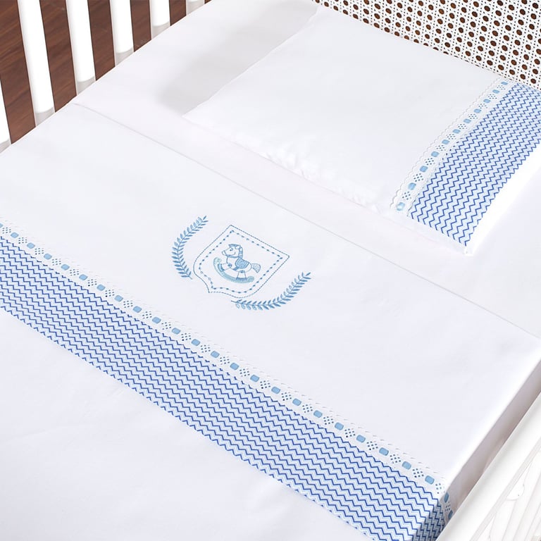Jogo de Lençol Berço Bordado Cavalinho Chevron Azul 3 Peças