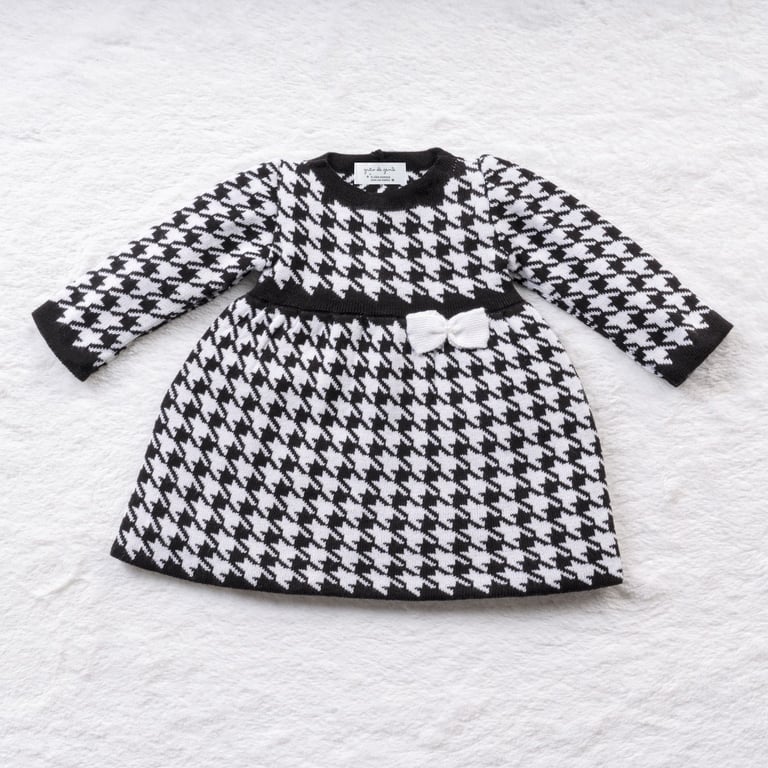 Vestido Tricot Jacquard Pied de Poule com Laço Preto