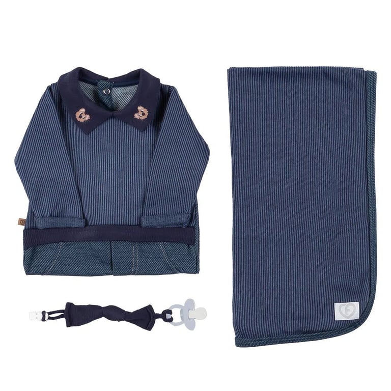 Saída De Maternidade Fofinho Listrado Ursinho Azul Jeans