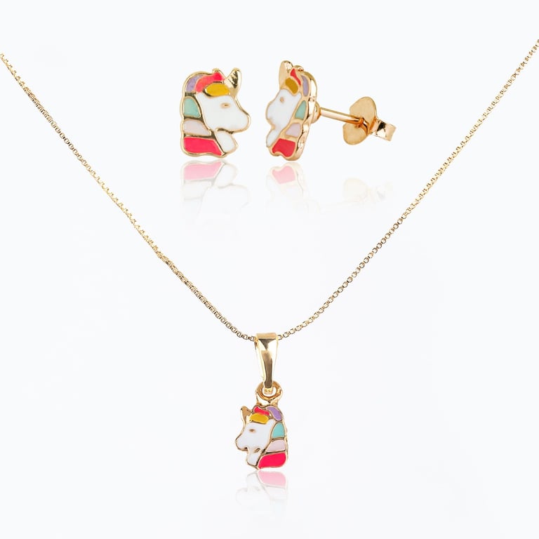 Conjunto Infantil Colar e Brincos Unicórnio Arco-íris Ouro