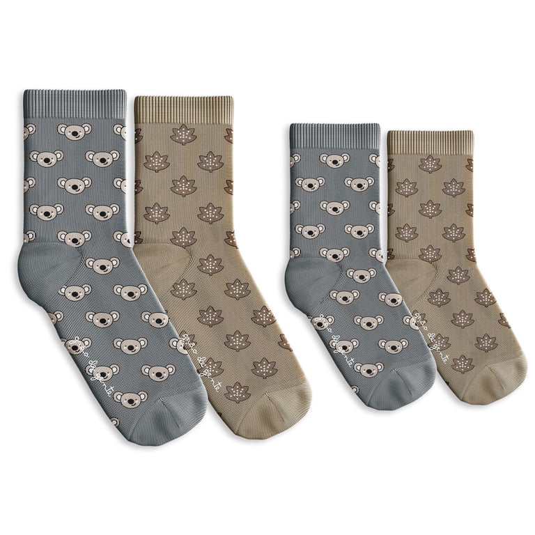Kit Meia Bebê Tal Pai Tal Filho Trocapé Coala e Folhas Cinza 4 Pares Tam 13/20 e 39/43