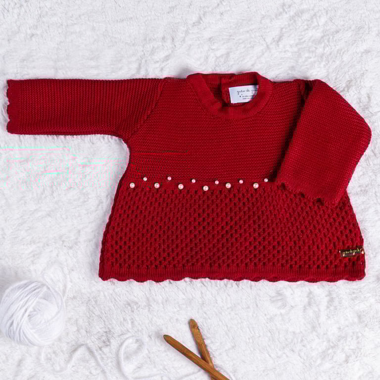 Saída Maternidade Tricot Vestido com Pérolas Vermelho 02 Peças