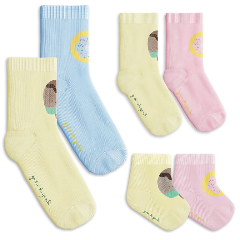 Kit Meia Tal Pai Tal Filhas Trocapé Picolé e Donuts Rosa e Azul 6 Pares