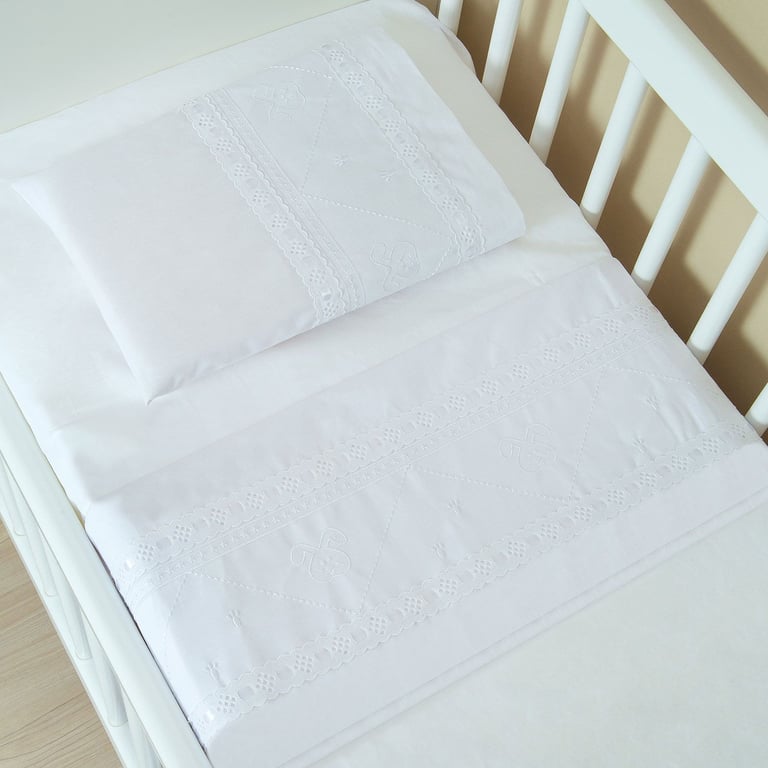 Jogo de Lençol Berço Bordado Coelho Branco 3 Peças