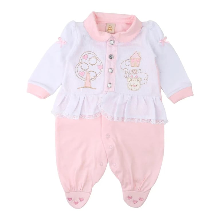 Saída de Maternidade Din Don Bordado Casinha Urso Rosa Claro