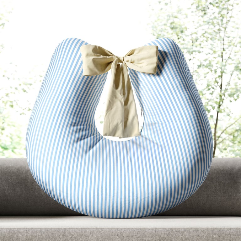 Almofada Amamentação Listra Azul e Laço Bege