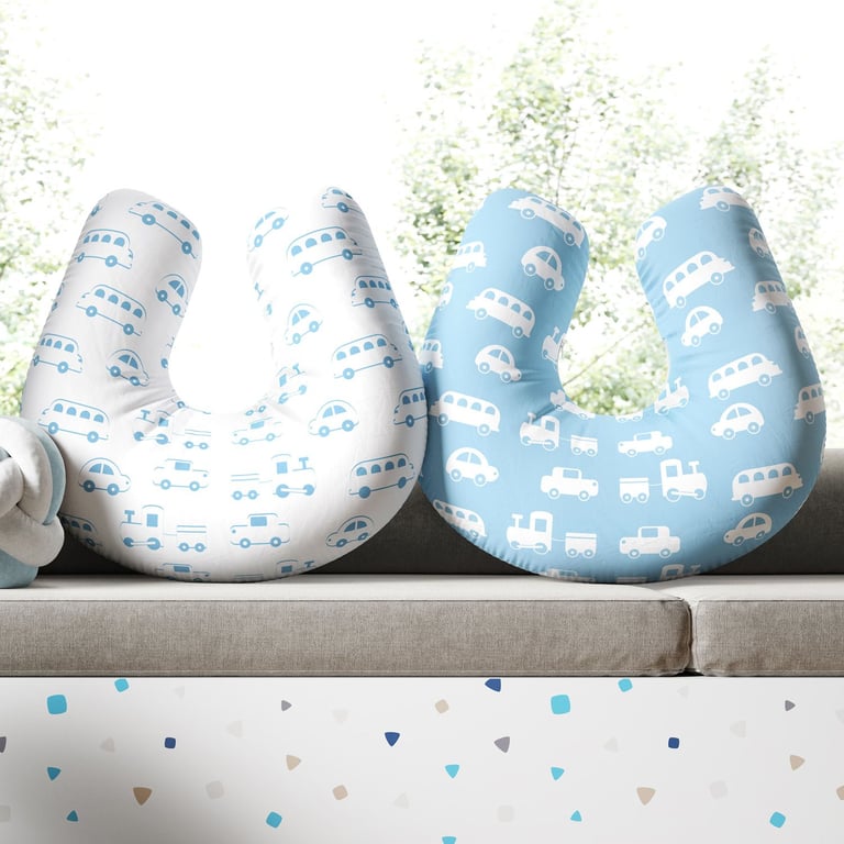 Almofada Amamentação Dupla Face Carrinho, Ônibus e Trem Azul