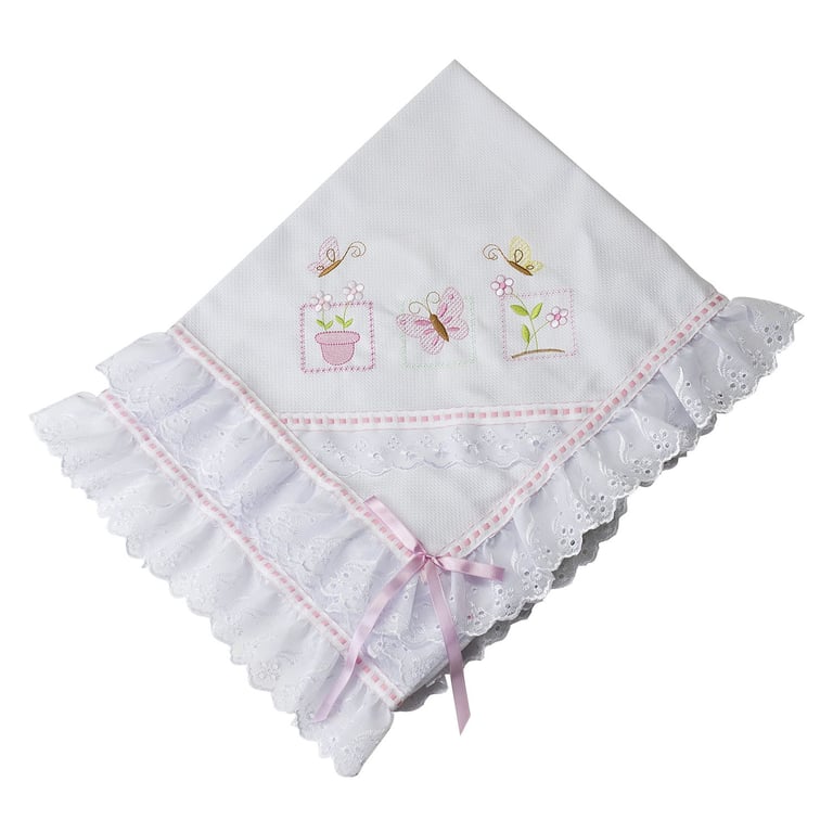 Manta Piquet Bordada Mini Borboleta Rosa 75cm