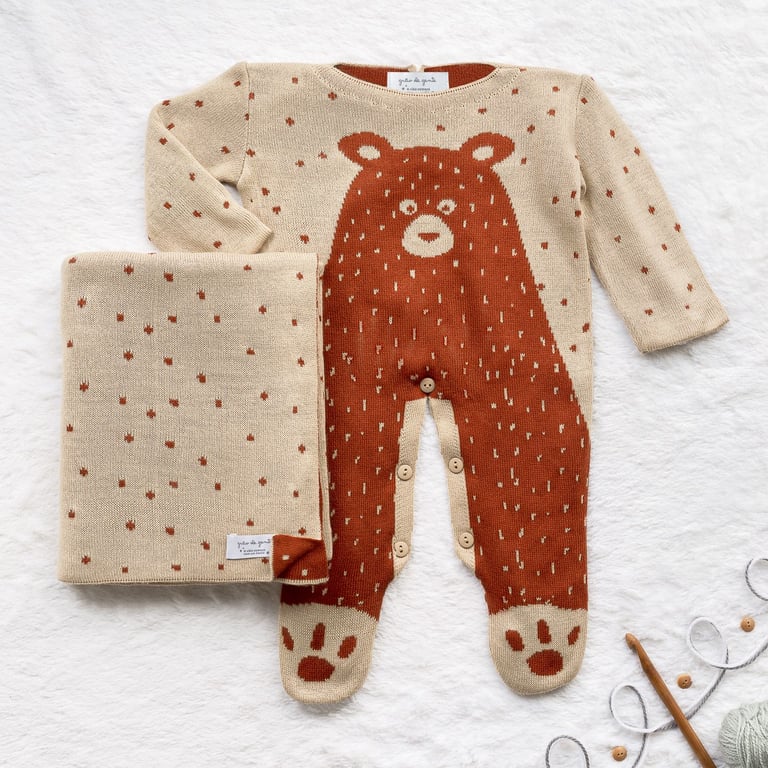 Saída Maternidade Tricot Jacquard Urso Nórdico Preto 02 Peças