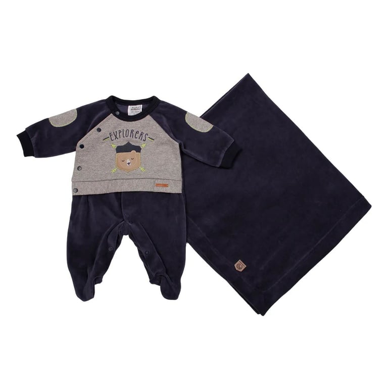 Saída Maternidade Sonho Mágico Menino com Bordado Urso Bege Tam P