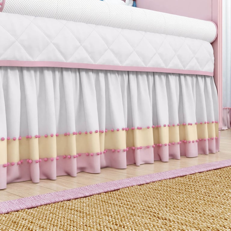 Saia de Berço Barra Pompons Rosa e Amarelo