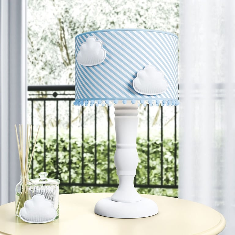 Abajur Madeira Nuvem Pompom Azul e Salmão