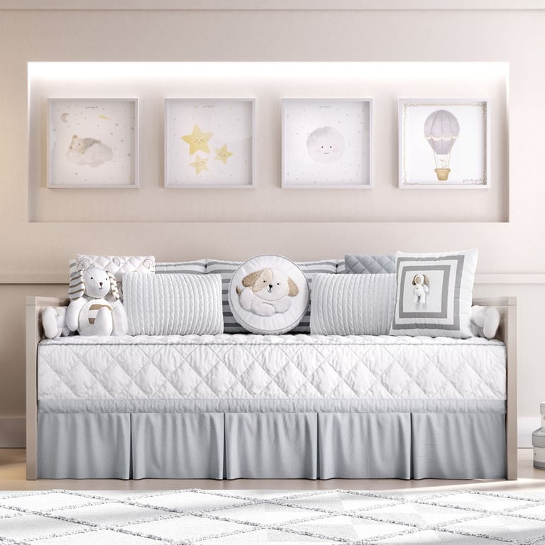 Kit Cama Babá Tricot Trança Branco e Cinza