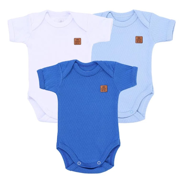 Kit Body Manga Curta Bebê Baby Best Básico Azul e Branco 3 Peças
