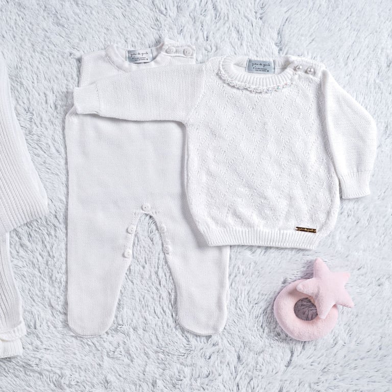 Saída Maternidade Tricot Casaquinho com Pérolas Branco 03 Peças